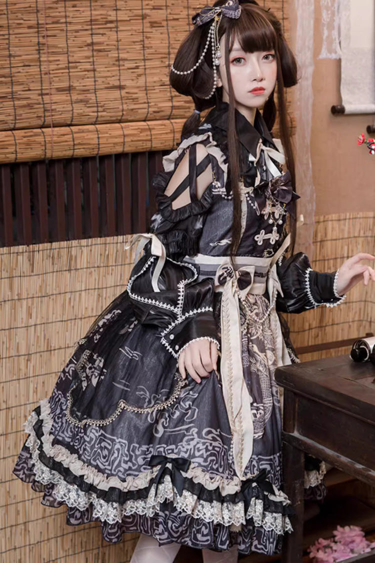 Noir Printed Ruffle Lace Sweet Chinese JSK - Yuelong Poetry