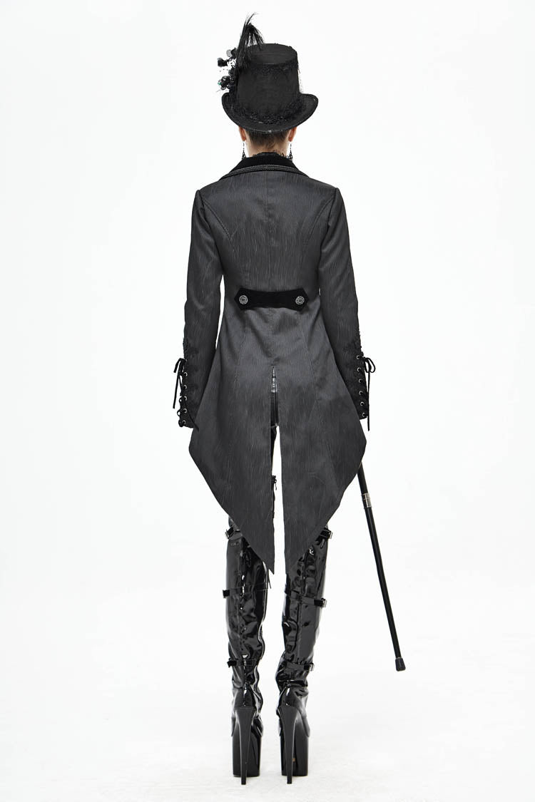 Women's Gothic Coat in Black with Decals, Metal Button Lace-Up Cuffs & Striped Jacquard