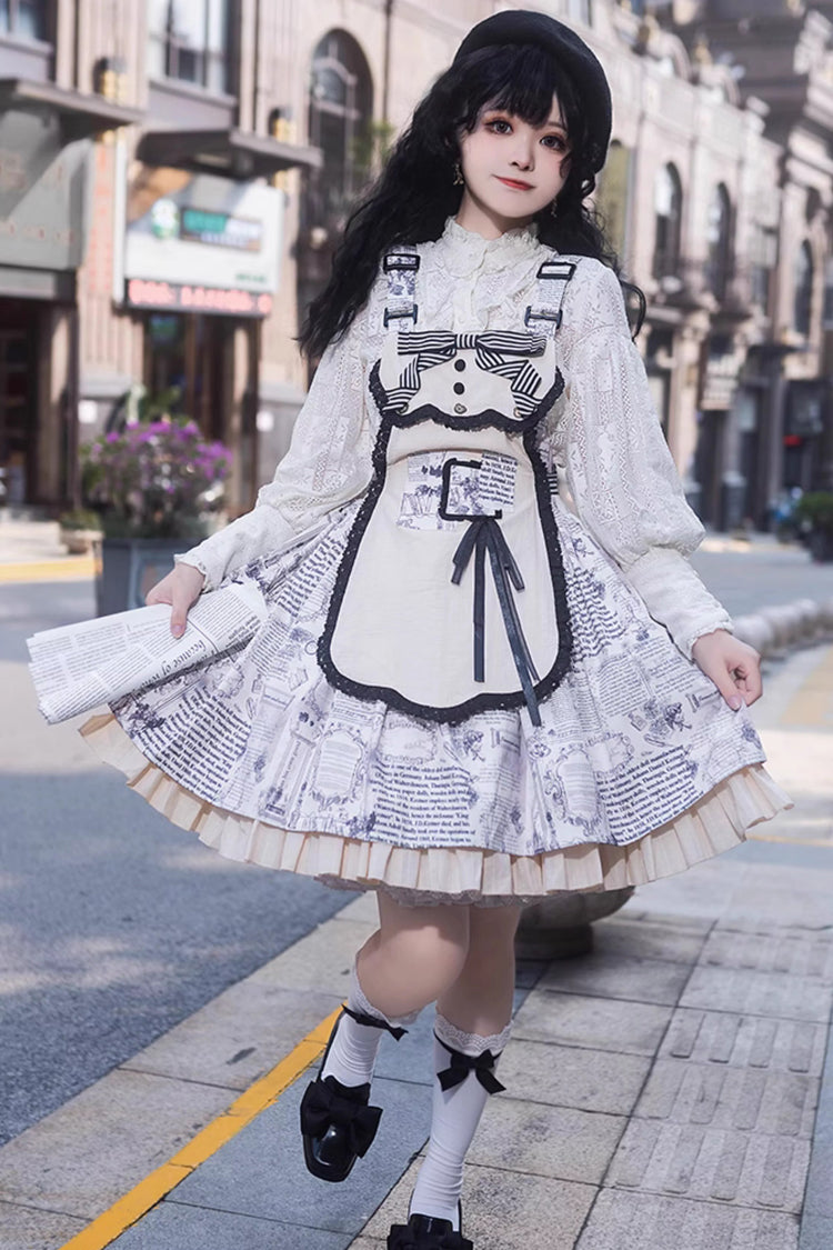 White Classic Lolita Strap Dress with Vintage Berlin Print and Apron