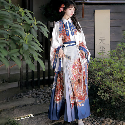 Vintage Red Flowers Print Cardigan Shirt Skirt Pants Set