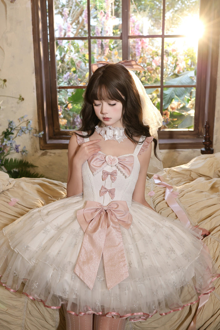 Sleeveless Ruffled Open-Front Bow Lace Sweet Lolita Jsk Dress Set - Star Weaving Dream Language