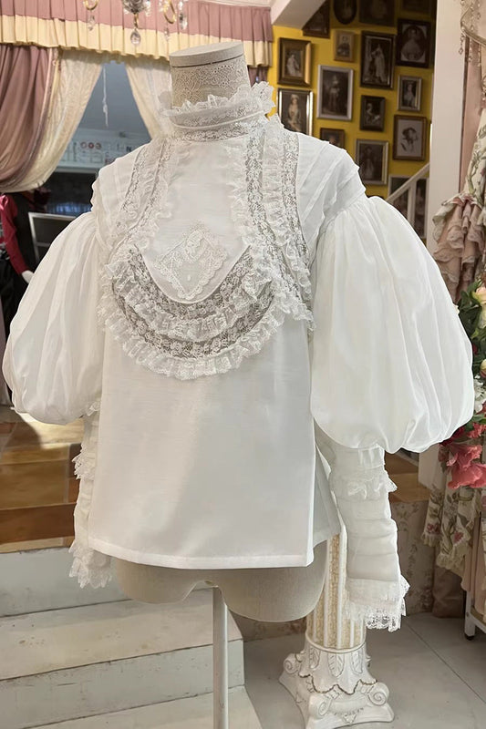 Classic Victorian Gothic Blouse with Puff Sleeves and Embroidery