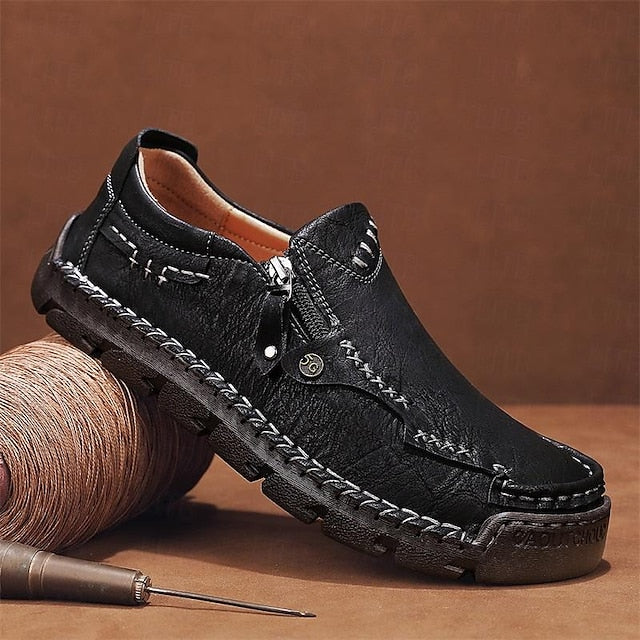 Slip-On Side Loafers Zipper with Brown Men's Faux Leather