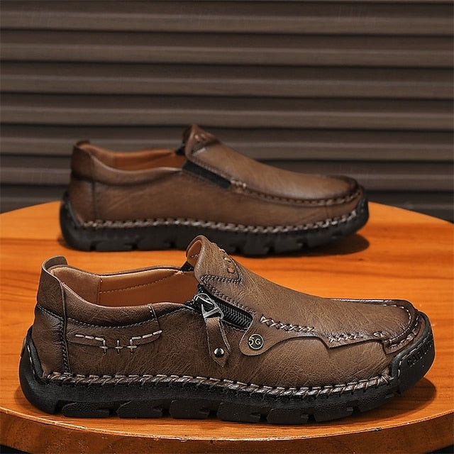 Slip-On Side Loafers Zipper with Brown Men's Faux Leather