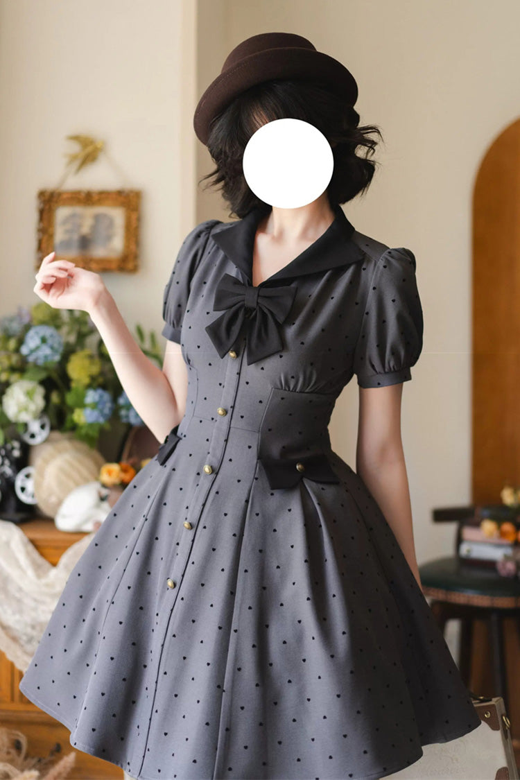 Ash Heart-Print Polka Dot Bow Sweet Lolita Gown