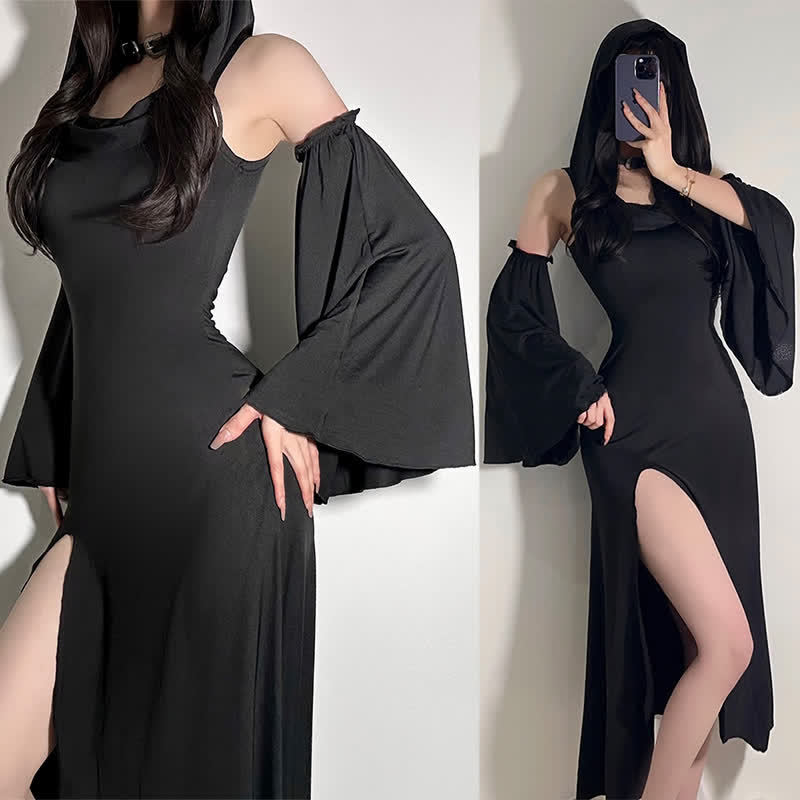 Black Witch Sleeveless Hooded Split Dress