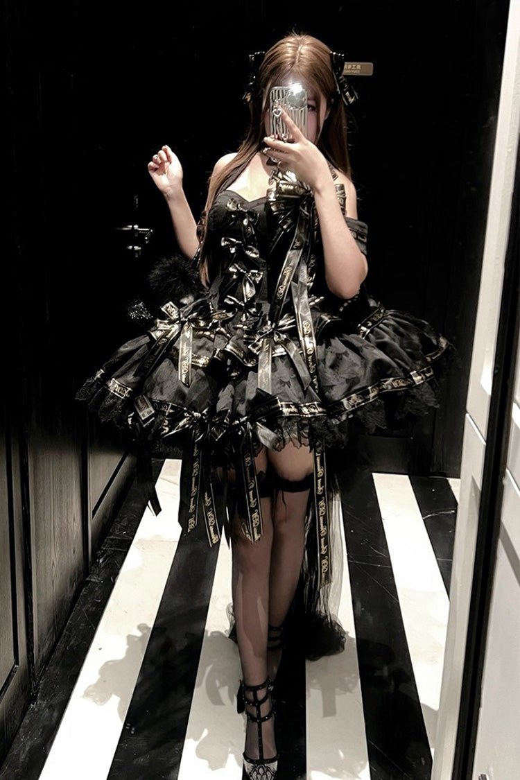 Noir Halter Neck Layered Ruffle Bow Princess Gothic Dress - Young Lady