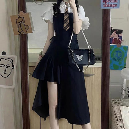 JK Flouncing Sleeve Tie Polo T-Shirt Irregular Lace Up Suspender Dress