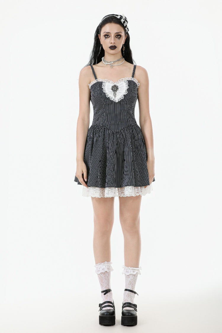Black/White Pinstriped Sleeveless Lace Lace-Up Women's Gothic Lolita Slip Dress Graduation Dress
