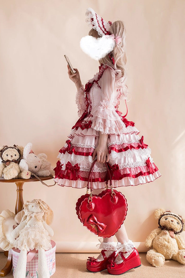 Ribbon Berries Sleeveless Multi-Layered Ruffled Bow Lace Sweet Lolita JSK Dress - Red