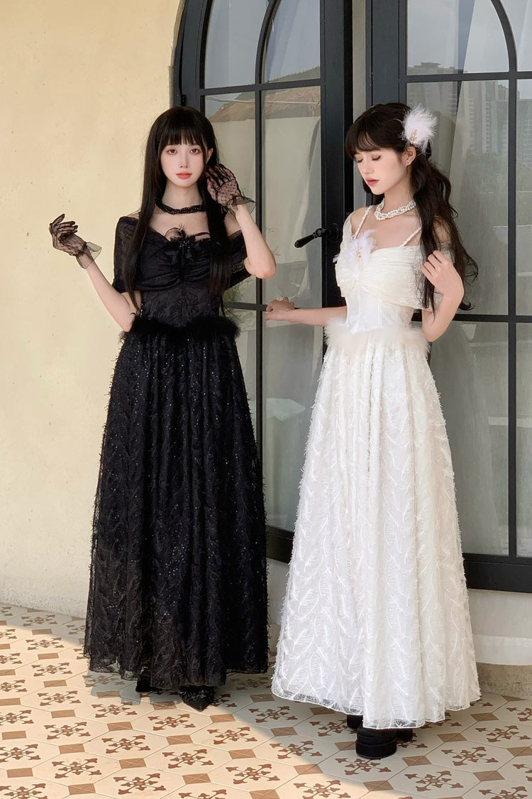 Off-Shoulder Jacquard Dress with Bow and Gothic Style