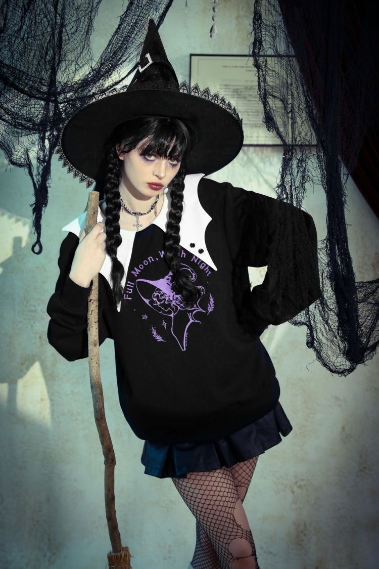 Monochrome Gothic Vintage Sweatshirt with Peter Pan Collar and Long Sleeves