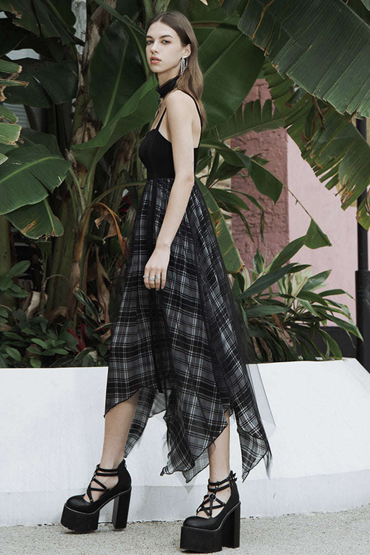Charcoal Eyelet Strap Hem Plaid Chiffon Punk Slip Dress for Women