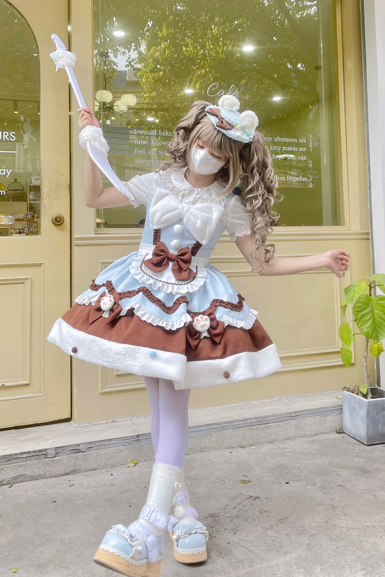 Cream Snow Cat Winter Ruffle Bowknot Sweet Lolita JSK