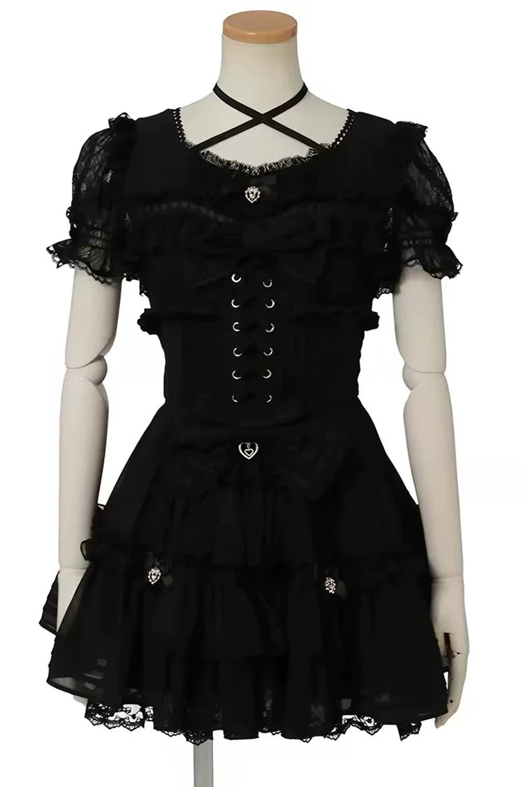 Sweet Short Sleeves Ruffled Bow Lace Jirai Kei Japanese Plus Size Lolita Dress 3 Colors