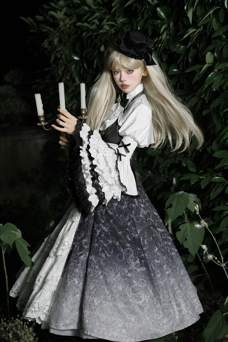 Monochrome Gothic Princess JSK with Bone Print, Ruffled Cardigan, and Lace