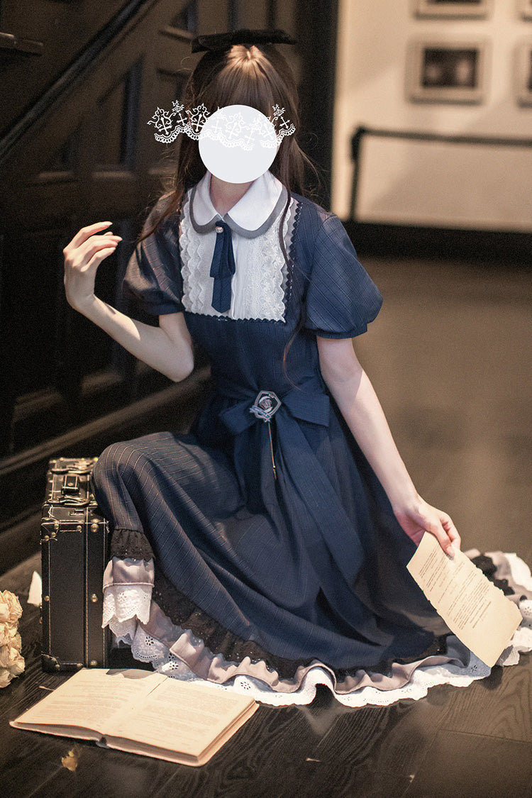 Blue [Phyllis] Lapel Collar Short Sleeves Printed Bow Classic Vintage Elegant Lolita Dress