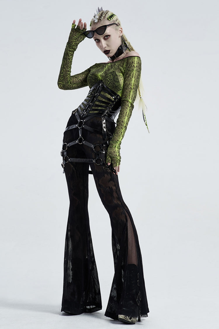 Python-Print Mesh Gothic Flared Trousers in Noir