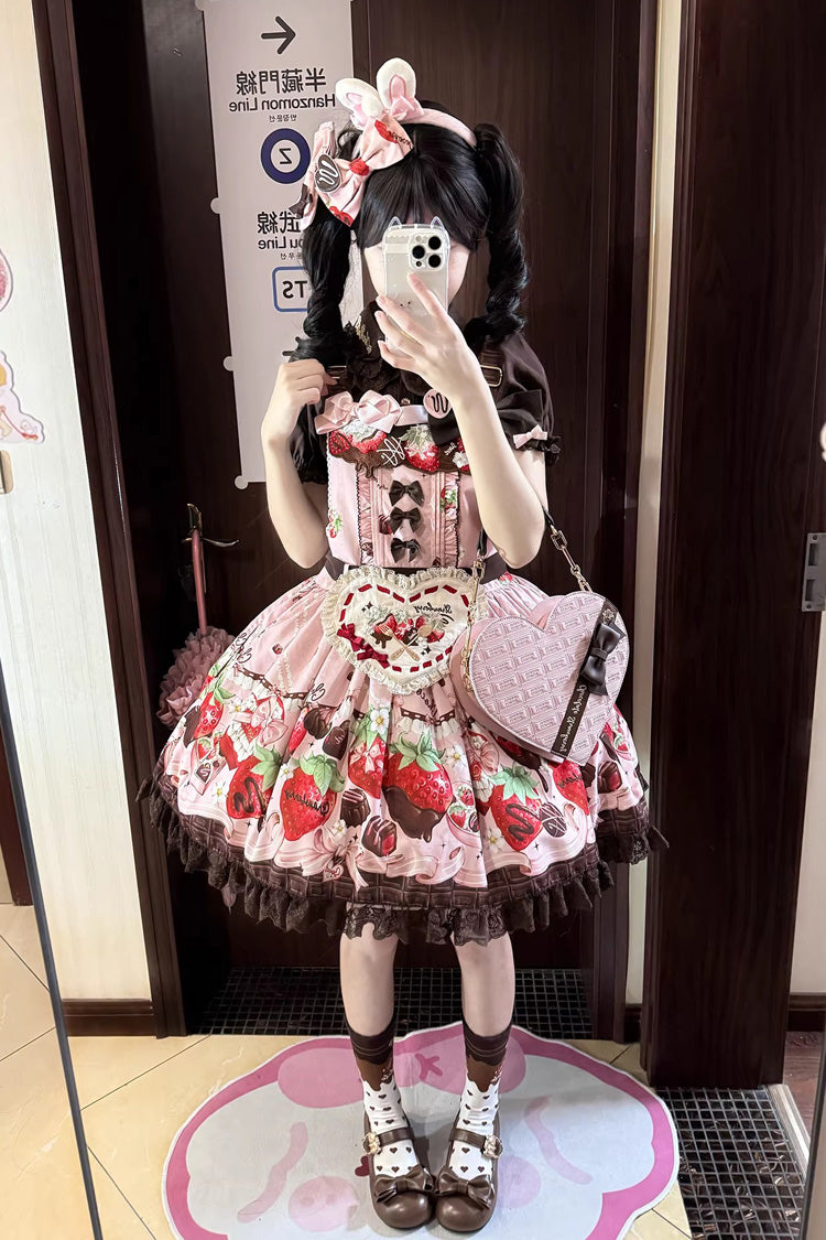 Sleeveless Printed Ruffled Embroidered Bow Lace Sweet Lolita Strap Dress - Strawberry Chocolate Lover