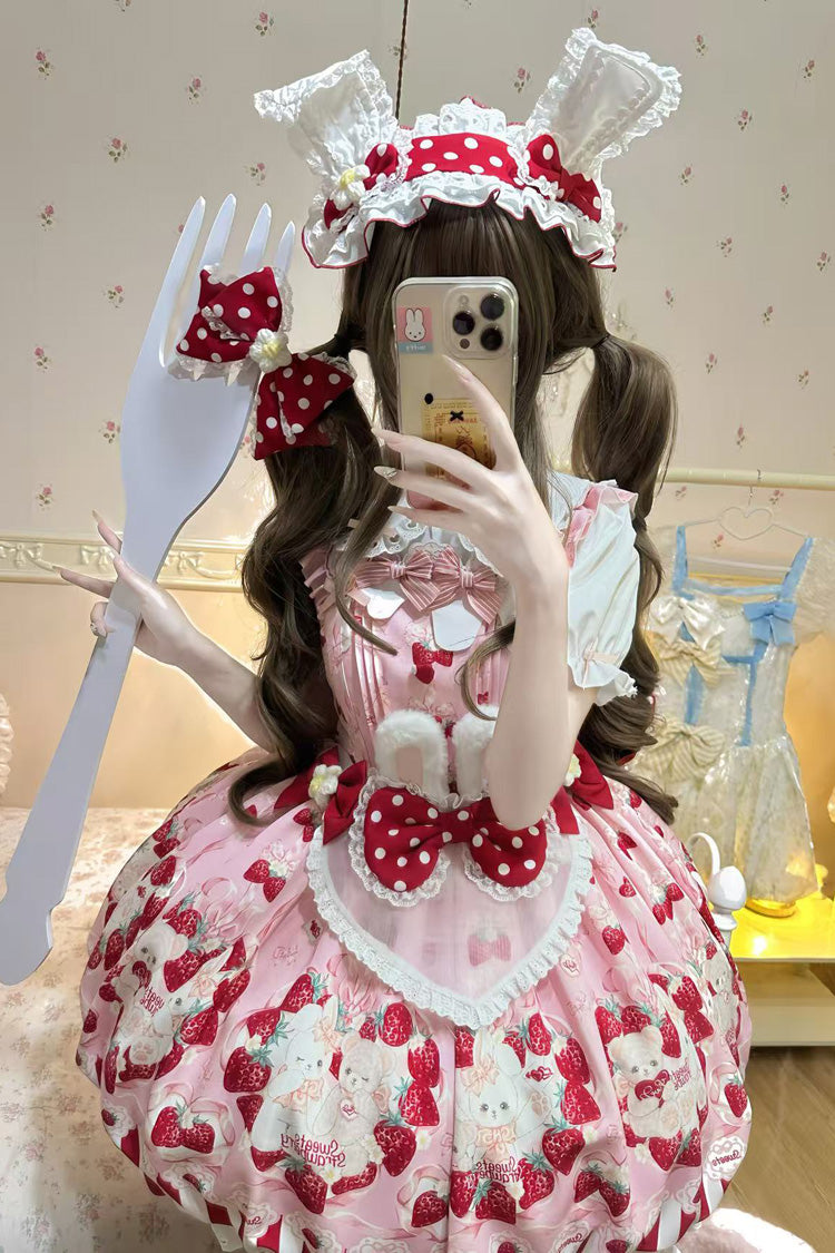 Strawberry Print Sleeveless Bowknot Sweet JSK Dress in 2 Colors - Cream Rabbit Strawberry