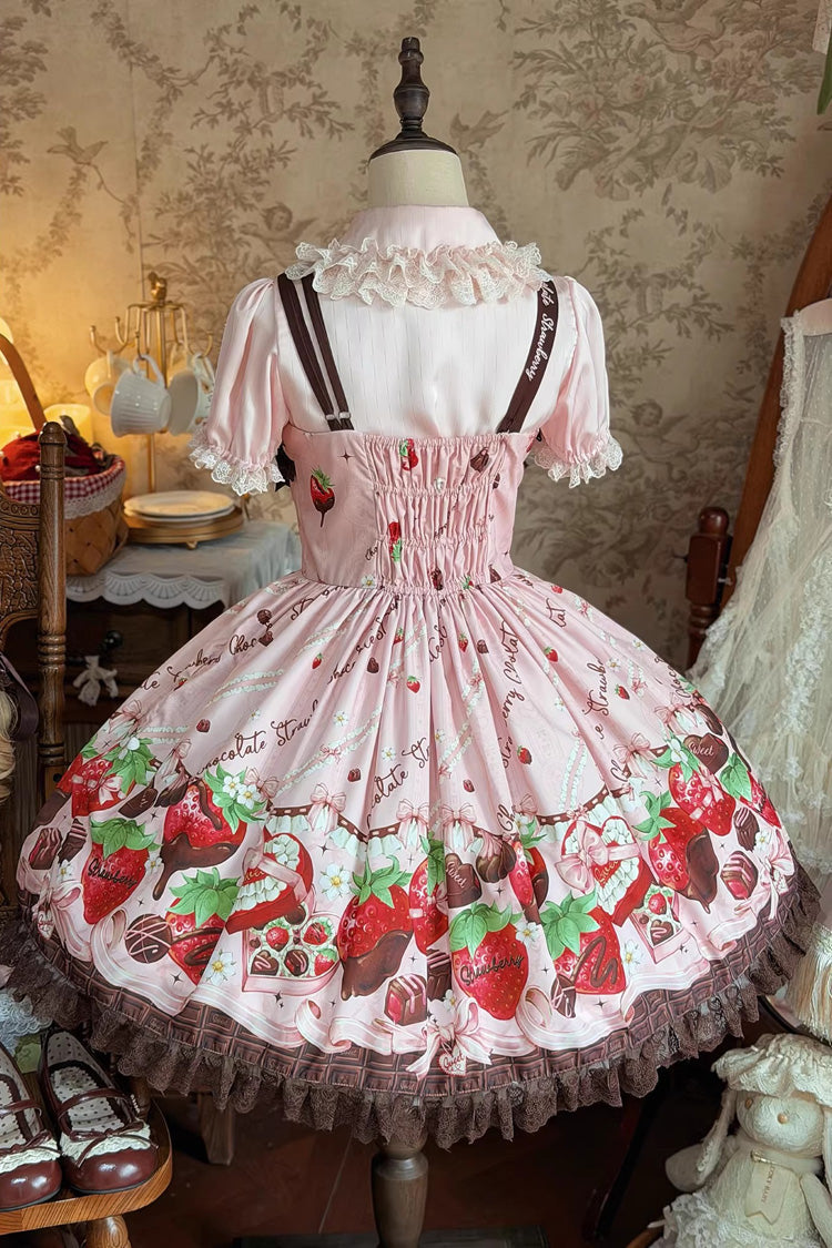Sleeveless Printed Ruffled Embroidered Bow Lace Sweet Lolita Jsk Dress - Strawberry Chocolate Lover
