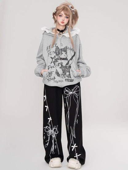 Grey Cat Print Lace Trim Zip Hoodie