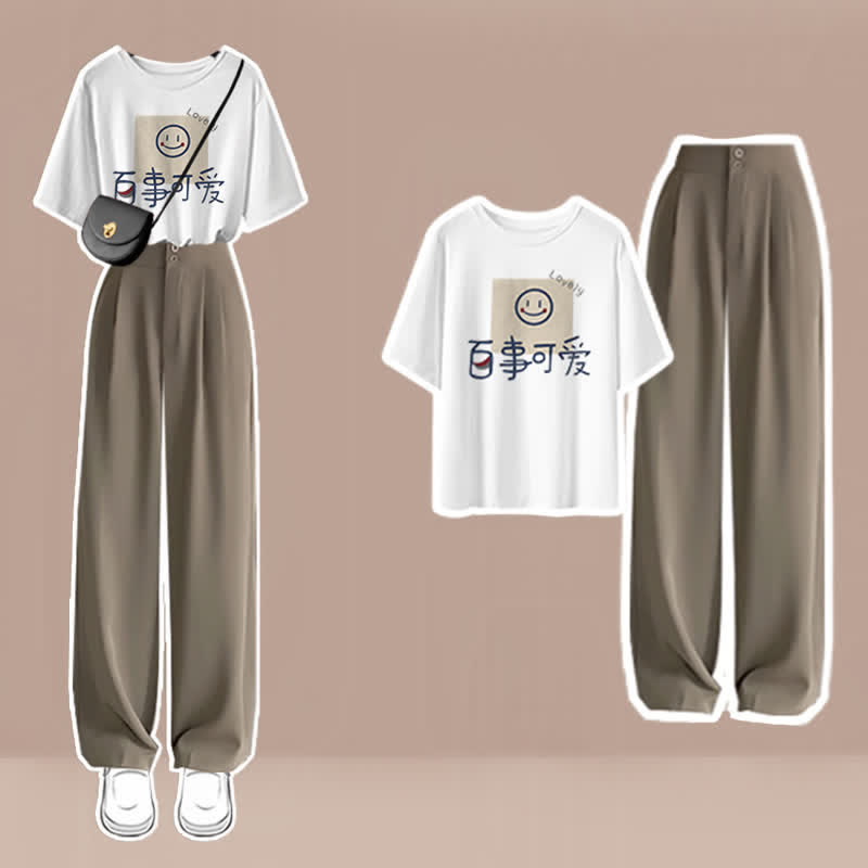 Cartoon Print T-Shirt High Waist Wide Leg Pants