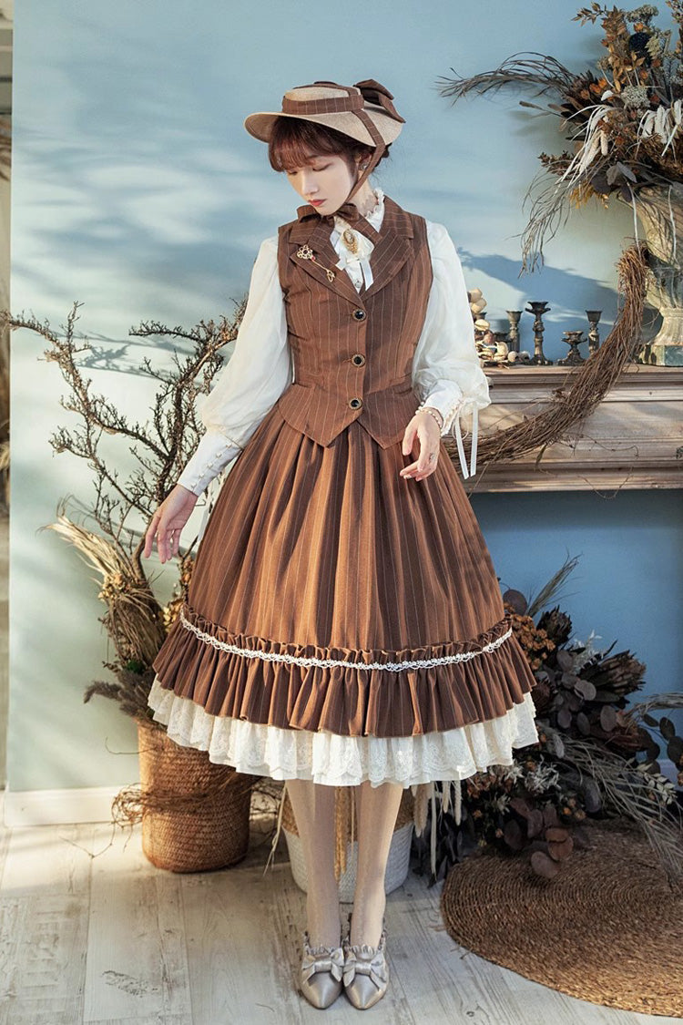 Striped Print Ruffled Elegant College Sweet Skirt - 3 Tones
