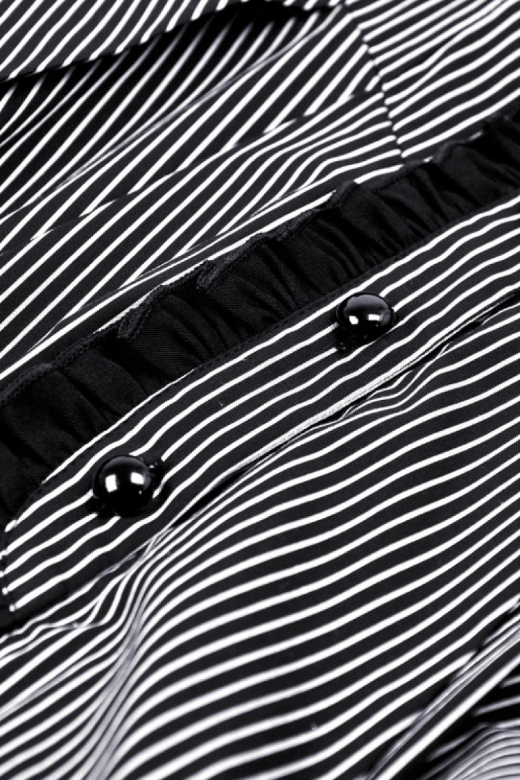 Black/White Notch Collar Puff Sleeve Gothic Striped Preppy Dress