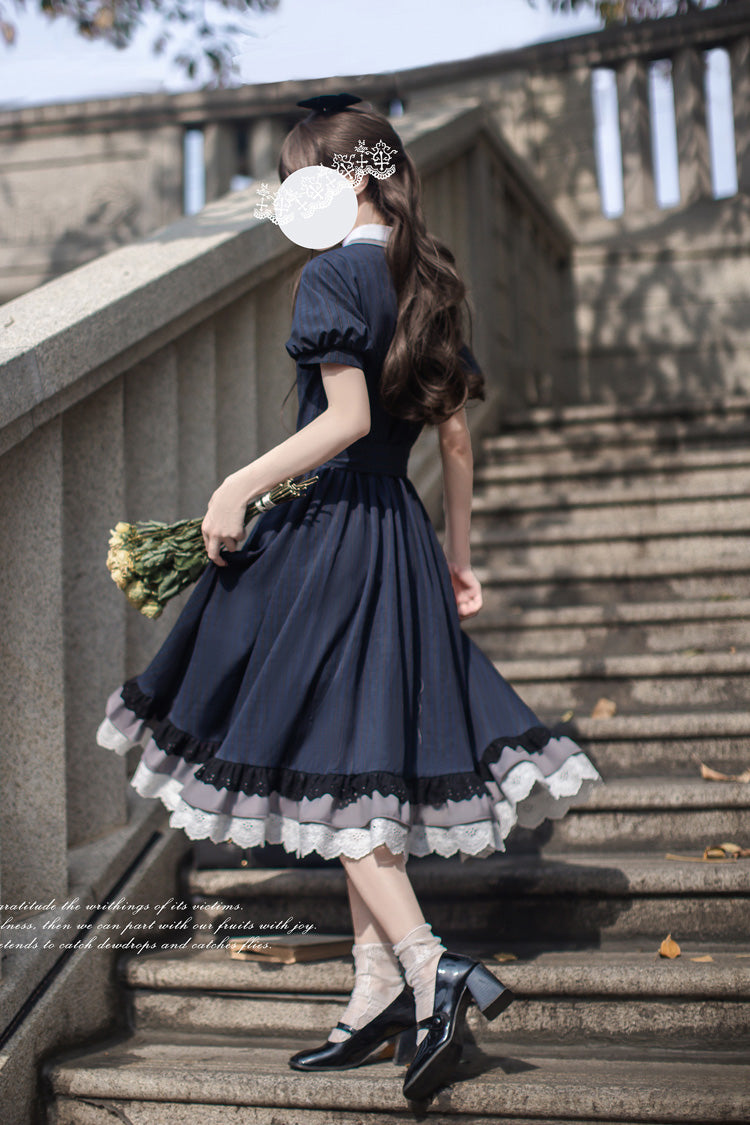 Blue [Phyllis] Lapel Collar Short Sleeves Printed Bow Classic Vintage Elegant Lolita Dress