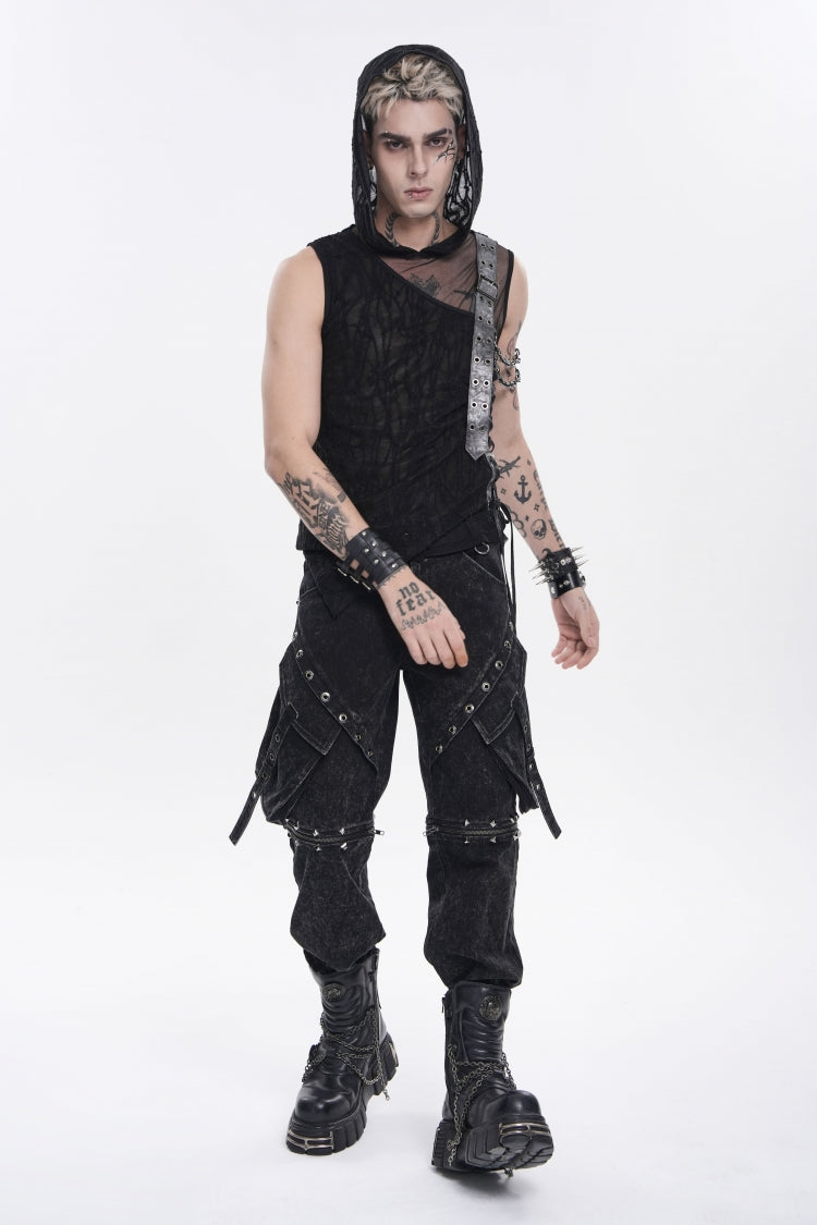 Men's Punk Hooded Vest with Sheer Asymmetric Chain-Decorated Design
