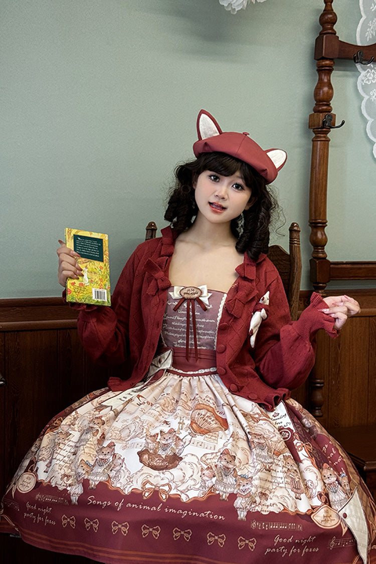 Wine Red Fox Print Square Collar Bowknot Classic Lolita Jumper