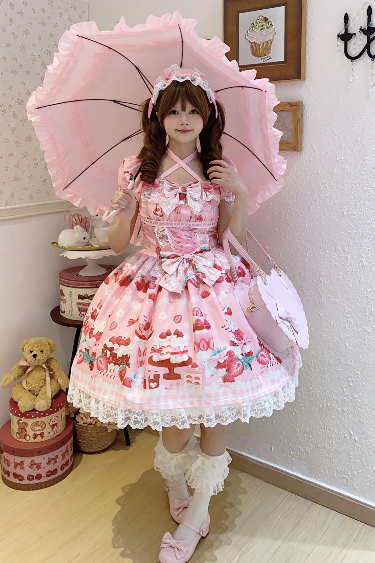Pink Strawberry Parfait Print Ruffle Bow Lace-Up Lolita Dress