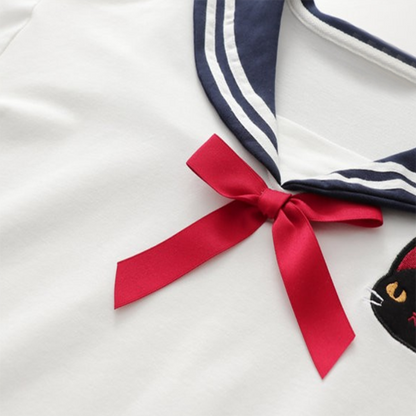 College Style Sailor Collar Bow Shirt