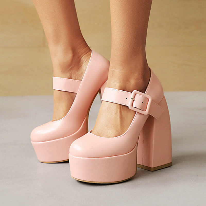 Pure Color Chunk High Heel Mary Janes Shoes