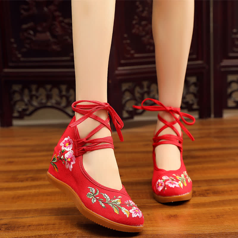 Retro Floral Embroidery Lace Up Flats Shoes