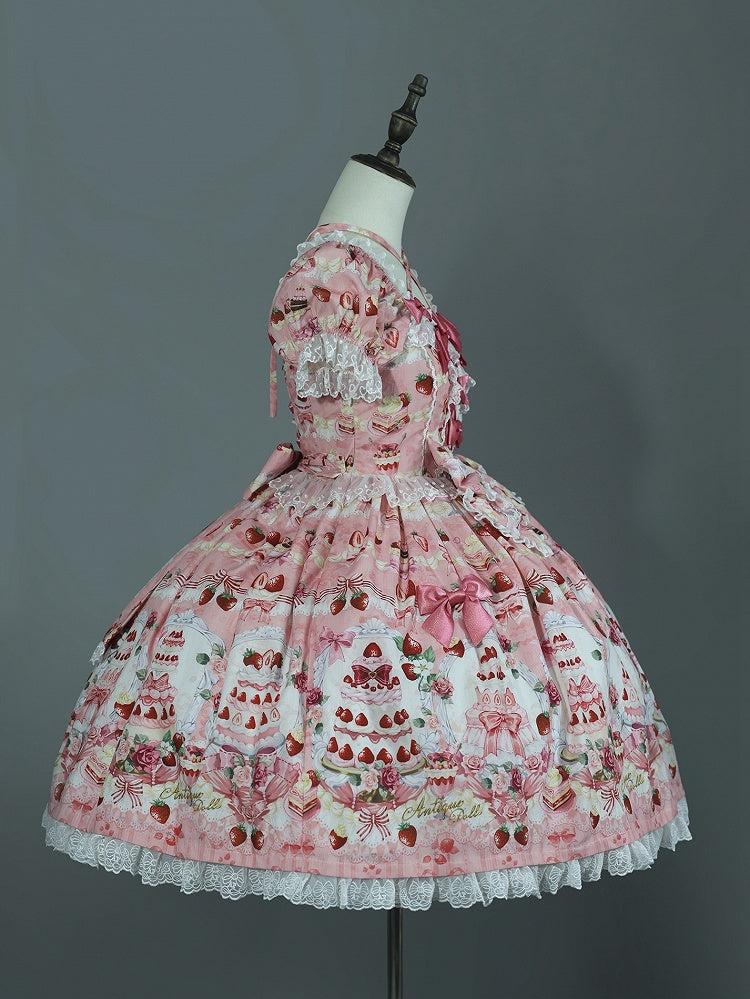 Print Strawberry Pink Sweet Accents Bow Set Full Dress Cake Lolita /