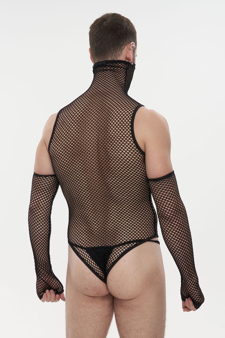Sheer Mesh High-Collar Punk Onesie with Masked Gloves for Men