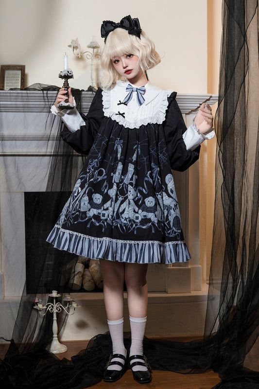 Gothic Lolita Dress with Bandage, Bear Print, Ruffles and Bowknot Lace