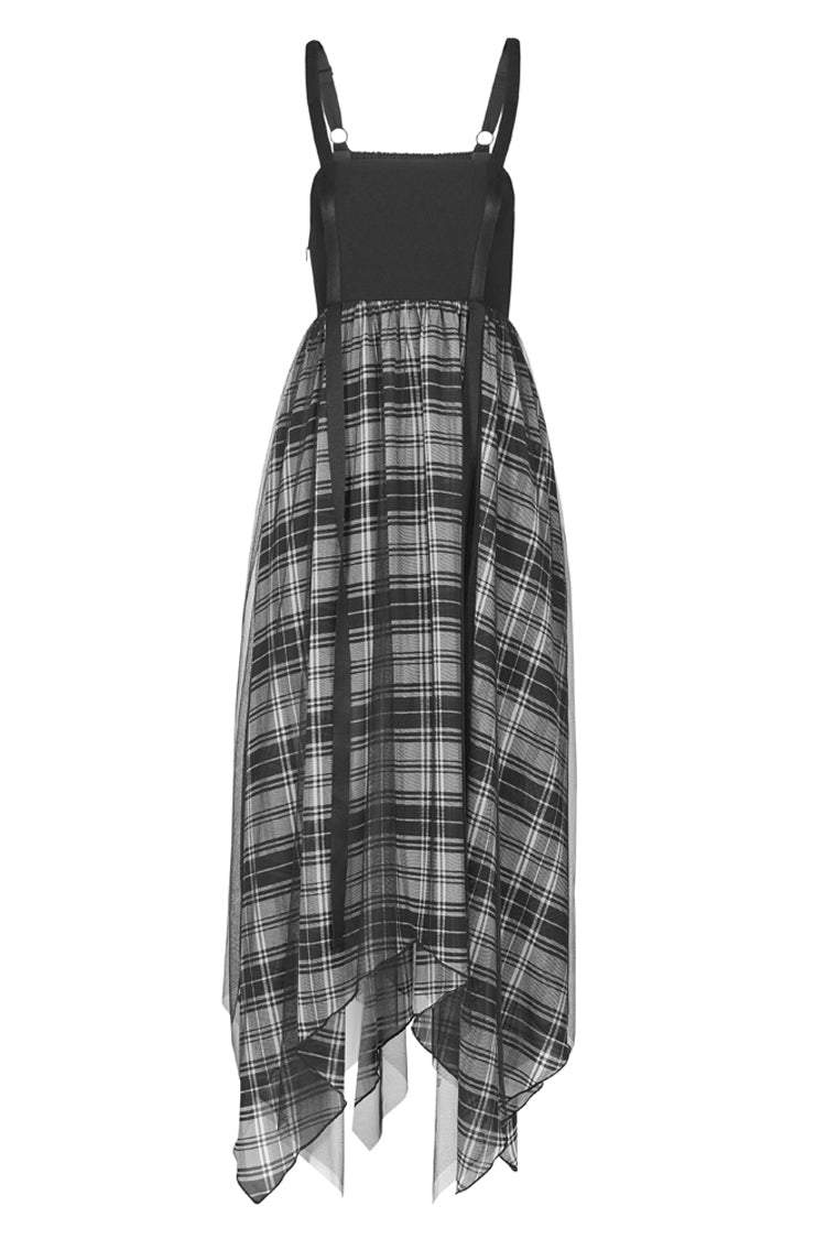 Charcoal Eyelet Strap Hem Plaid Chiffon Punk Slip Dress for Women