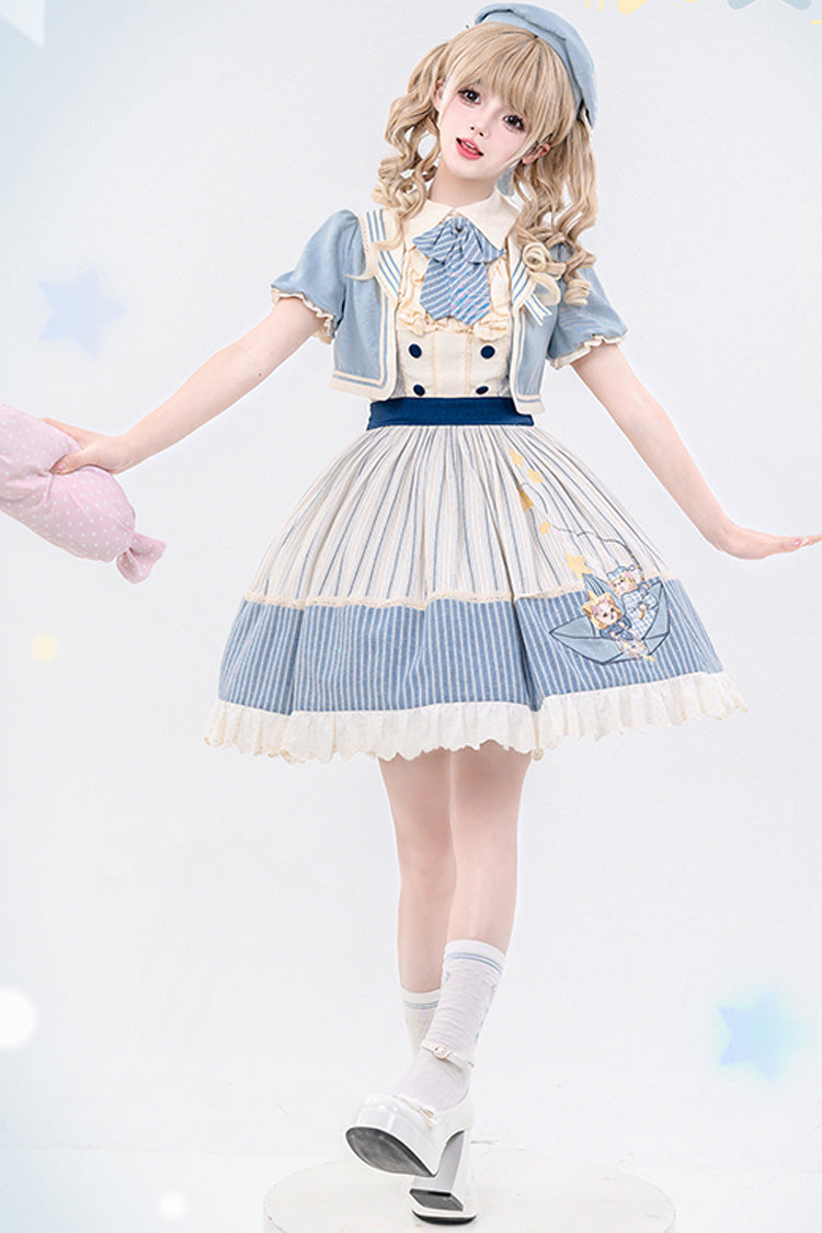Navy Star-Print Ruffle Sleeveless Bowknot Sweet Lolita Dress