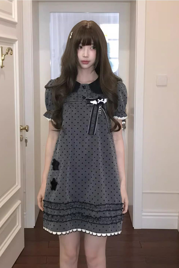 Ash Doll-Collar Polka Dot Bow Lolita Gown with Short Sleeves