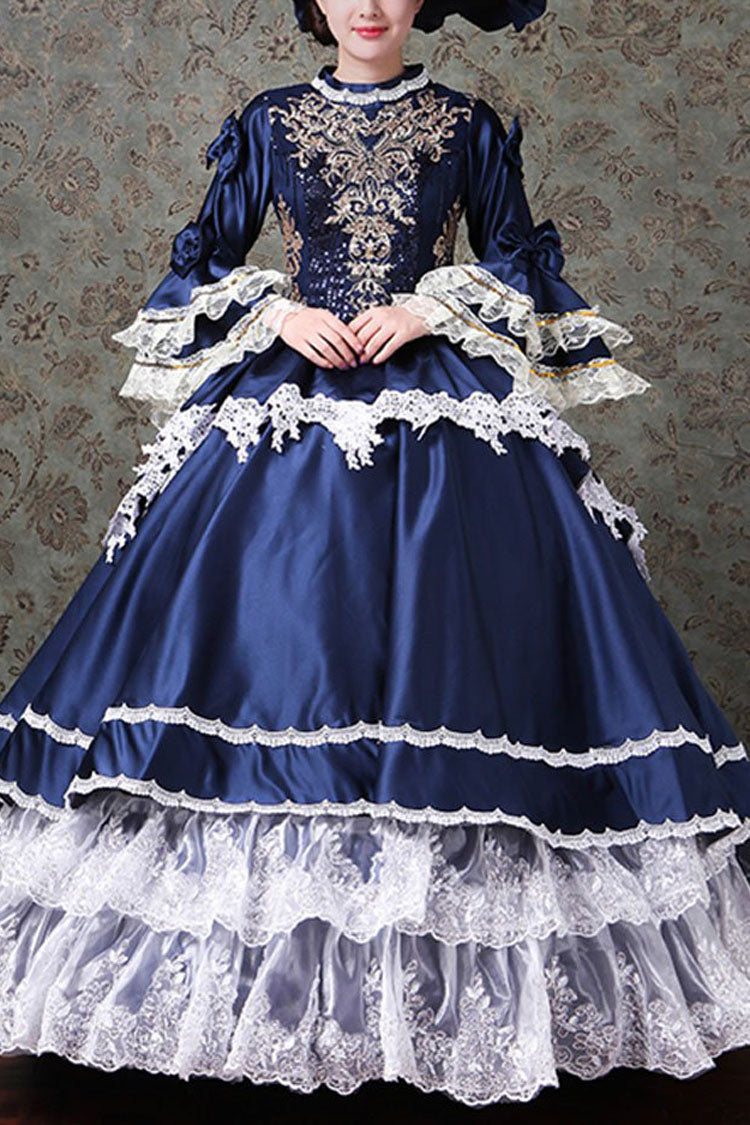 Victorian Prom Gown with Flared Sleeves, Lace, and Embroidery
