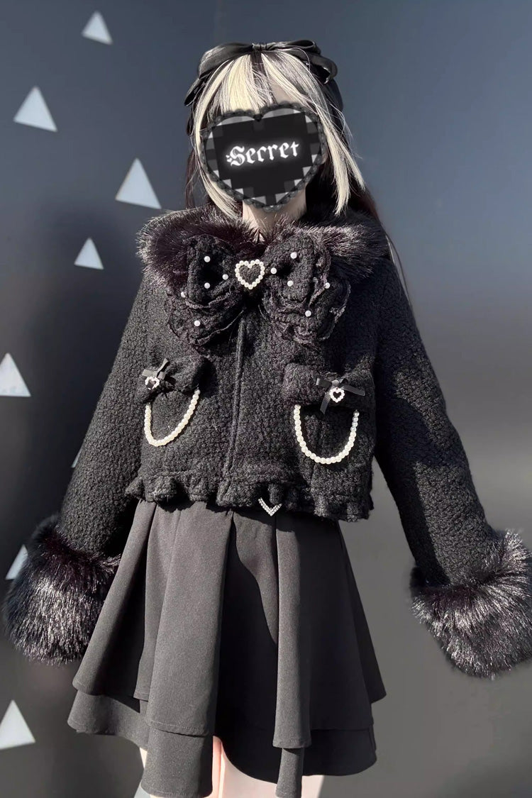 Long Sleeves Bow Sheep Wool Gothic Jirai Kei Short Coat