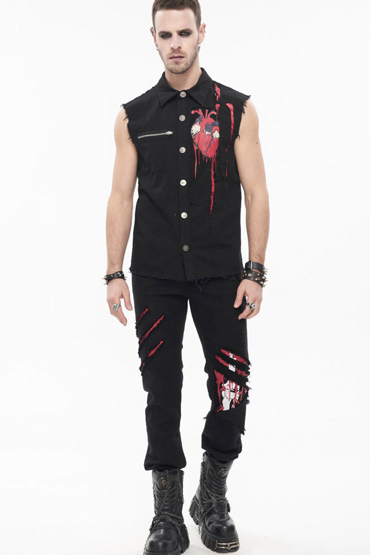 Ripped Leg-Bone Print Punk Trousers in Twill