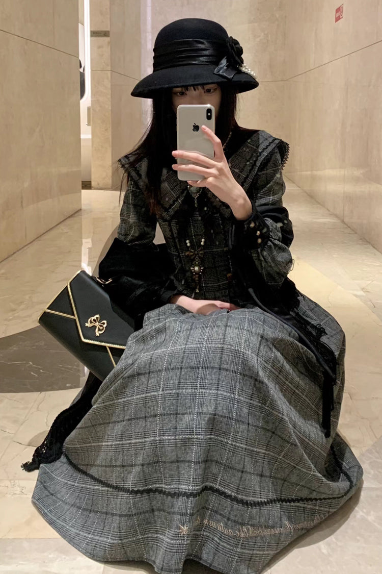 Ash Plaid Bowknot Elegant Sweet Lolita Gown with Long Sleeves