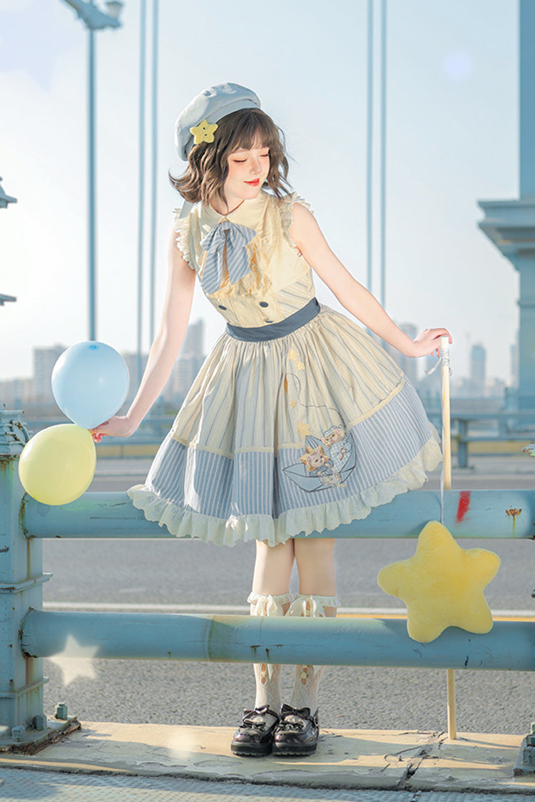 Navy Star-Print Ruffle Sleeveless Bowknot Sweet Lolita Dress