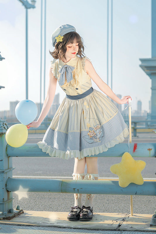 Navy Star-Print Ruffle Sleeveless Bowknot Sweet Lolita Dress