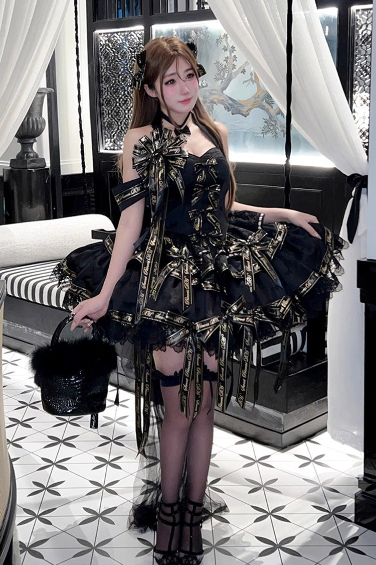 Noir Halter Neck Layered Ruffle Bow Princess Gothic Dress - Young Lady