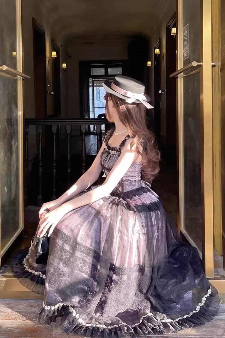 Sweet Lolita JSK Dress with Ruffle Bowknot, Lace-Up, Grey/Pink Mist Vineyard